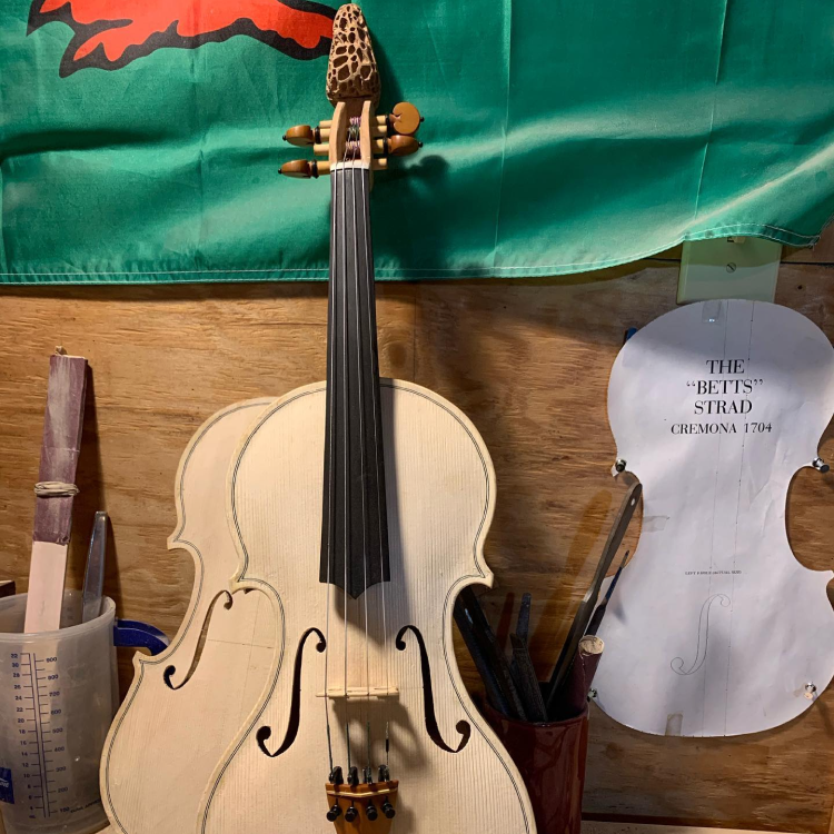 John's instrument with the Morel mushroom scroll at the unvarnished stage, also known as "in the white"